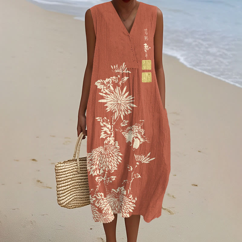 Vintage Chrysanthemum Art Print V-neck Sleeveless Dress - Orange - 5XL - image 4