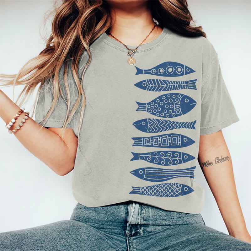 100% Cotton Fish Japanese Lino Art Print Casual T-shirt - Warm Grey - 2XL - image 7