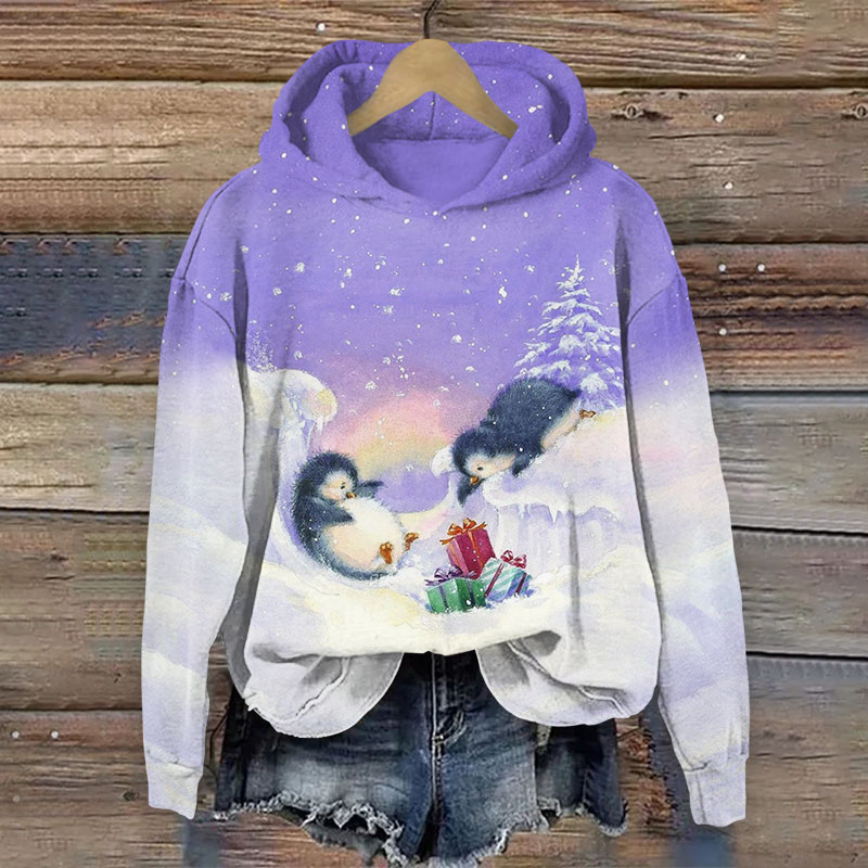 Penguin Looking At Christmas Gifts Print Long Sleeve Hoodie - Purple - US44-46(8XL) - image 2