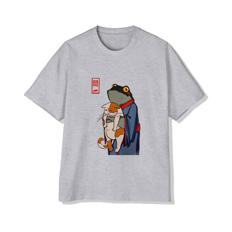 Unisex Japanese  Kimono Frog With Cat Pattern Cotton Print T-shirt - Grey - US20-22(3XL) - image 3