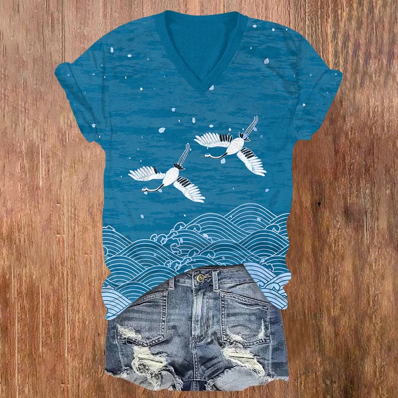 Japanese Art Waves Print  V-neck T-shirt - Blue - US32-34(5XL) - image 2