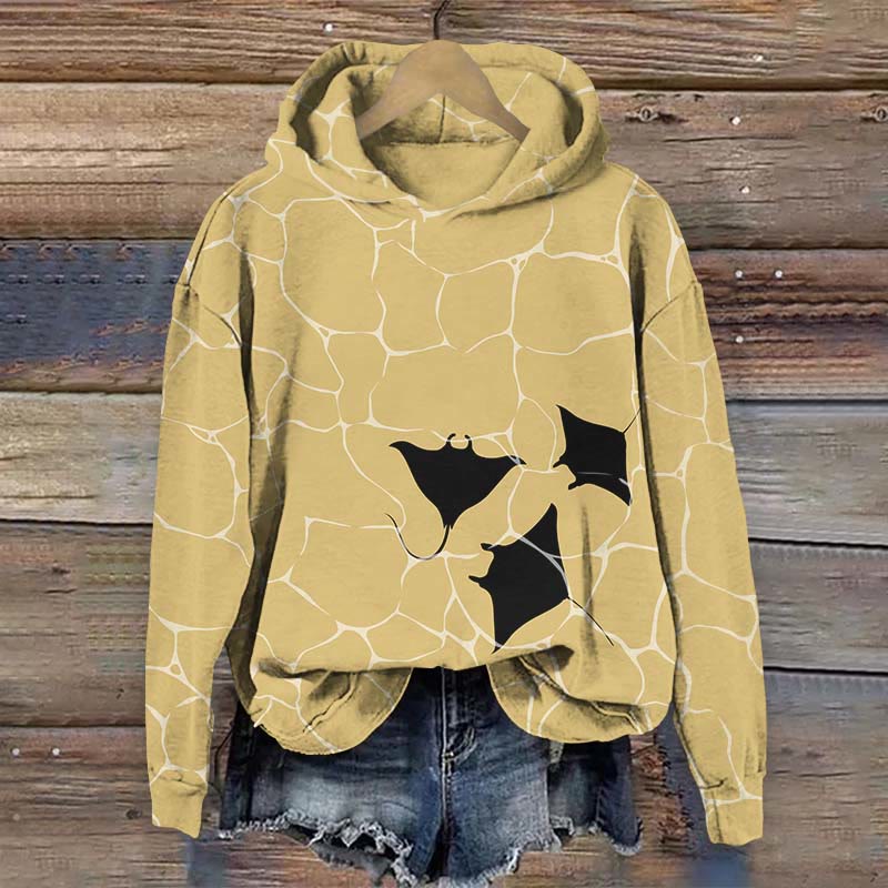Ocean Stingray & Water Ripple Art Print Long Sleeve Hoodie - Yellow - US44-46(8XL) - image 3