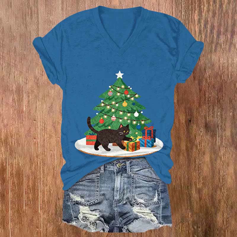 Christmas Tree Gifts & Black Cat Art Print V-neck T-shirt - Blue - US32-34(5XL) - image 3