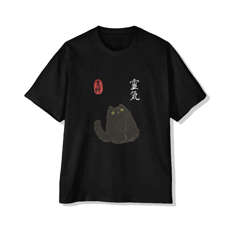 Unisex Retro Japanese Cat Short Sleeve Crew Neck T-shirt - Black - 2XL - image 4