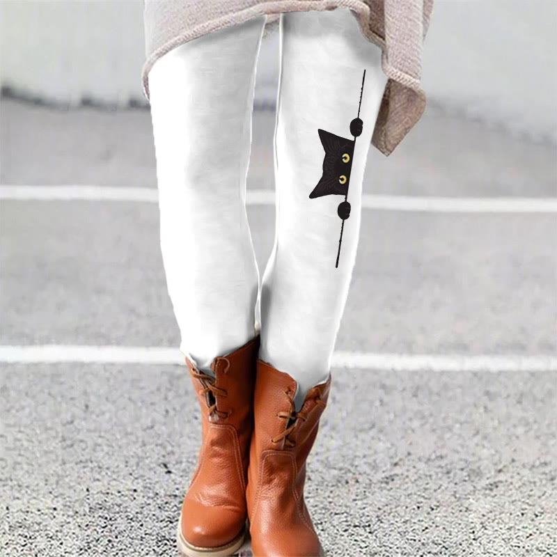 Casual Black Cat Print Leggings - White - 5XL - image 3