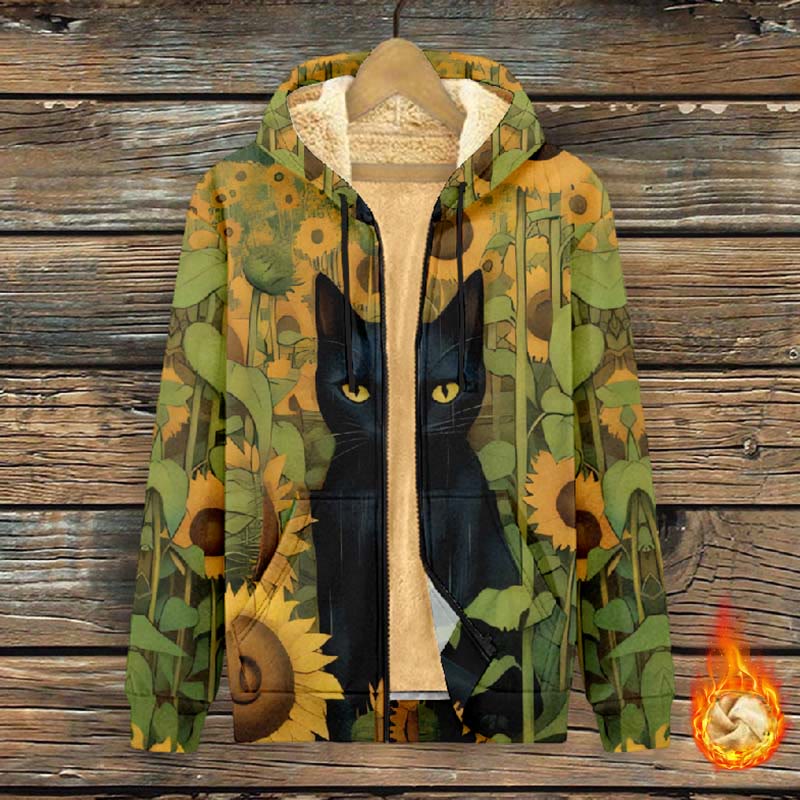 Women's Retro Sunflower With Black Cat Art Print Fleece Jacket - image 2