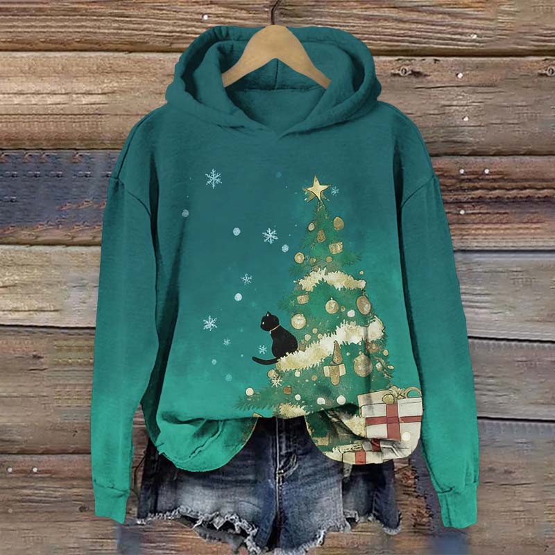 Black Cat Sitting On Gifts Decorated Christmas Tree Art Print Long Sleeve Hoodie - Green - US44-46(8XL) - image 3