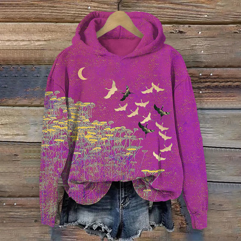 Japanese Style Flying Cranes And Plants Print Long Sleeve Hoodie - Rose - US44-46(8XL) - image 2