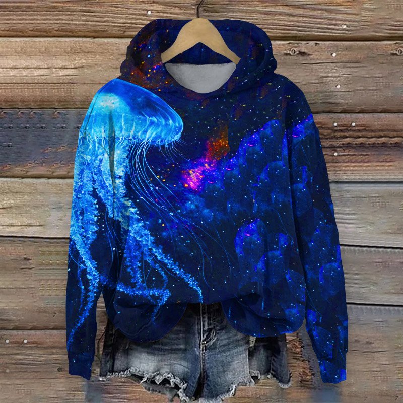 Jellyfish Underwater Creative Print Casual Long Sleeve Hoodie - Blue - 8XL - image 1