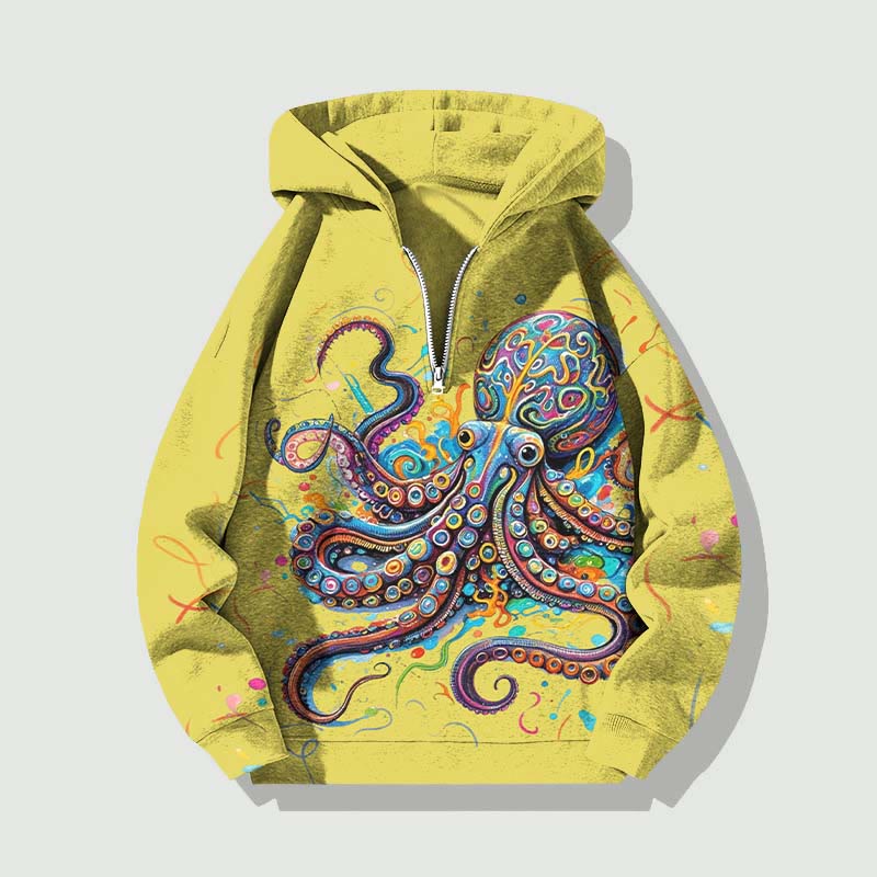 Unisex Vintage Rainbow Octopus Half Zip Hoodie - Yellow - US32-34(5XL) - image 5