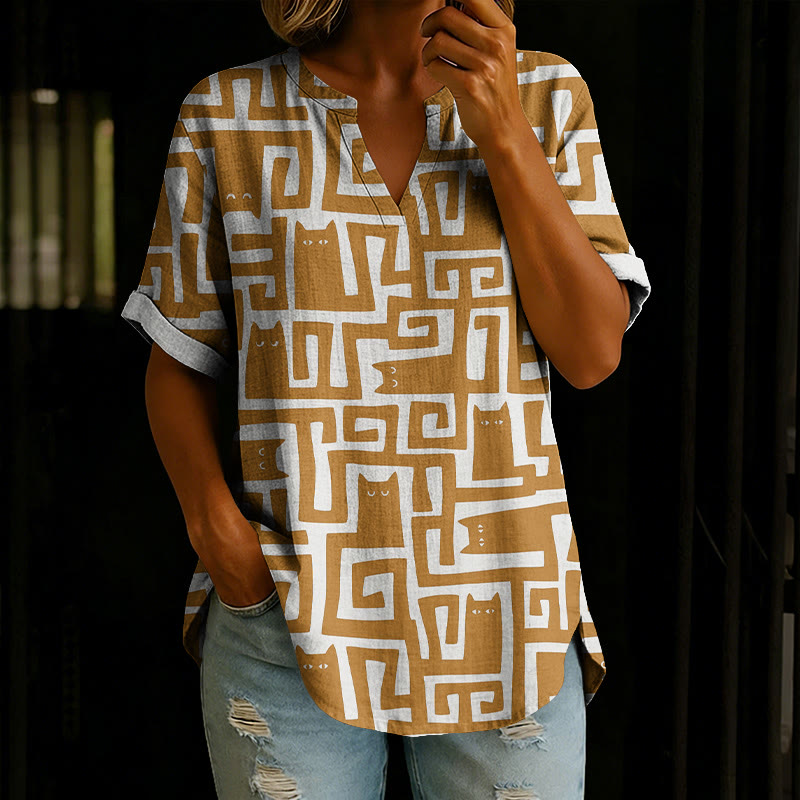 Cute Geometric Cats Print Short Sleeve Casual Blouse - Khaki - 5XL - image 3