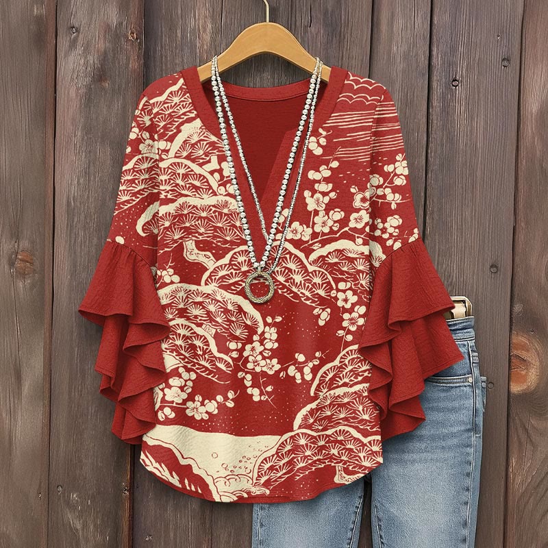 Women's Japanese Art Plum Blossom Art Print V-neck Half Sleeve Blouse - Red - 5XL - image 2