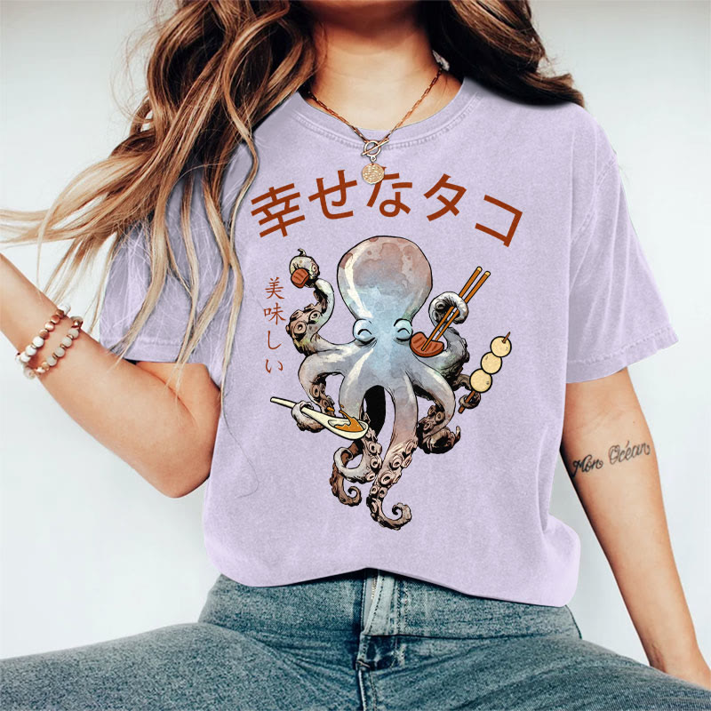 100% Cotton Women's Japanese Octopus Enjoying Food Art Print Casual T-shirt - Purple - 2XL - image 4