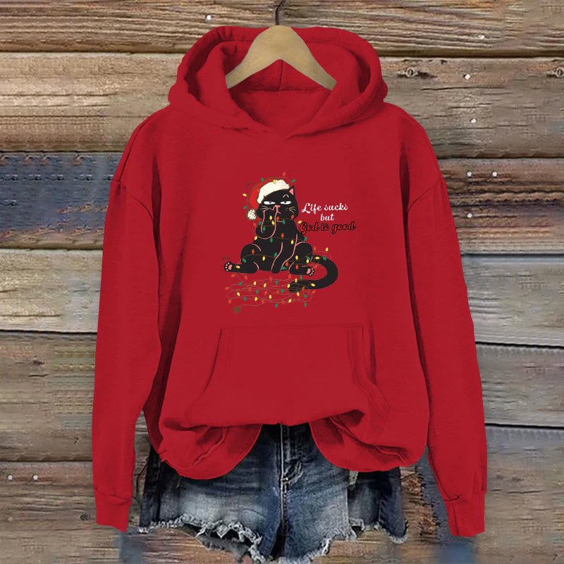 100% Cotton Life Sucks But God Is Good Christian Christmas Print Women's Hoodie - Red - 2XL - image 4