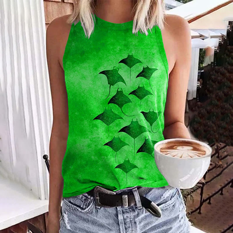 Vintage Manta Ray Art Print Crew Neck Tank Top - Green - 5XL - image 6