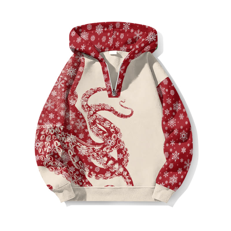 Christmas Snowflake Pattern Patchwork Japanese Art Octopus Print Half Zip Hoodie - Apricot - US32-34(5XL) - image 4