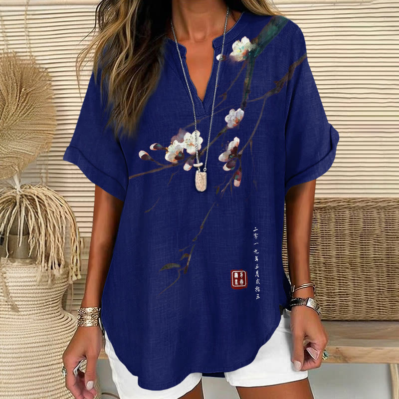 Vintage Plum Blossom Art Print Short Sleeve Casual Blouse - Navy Blue - 5XL - image 5
