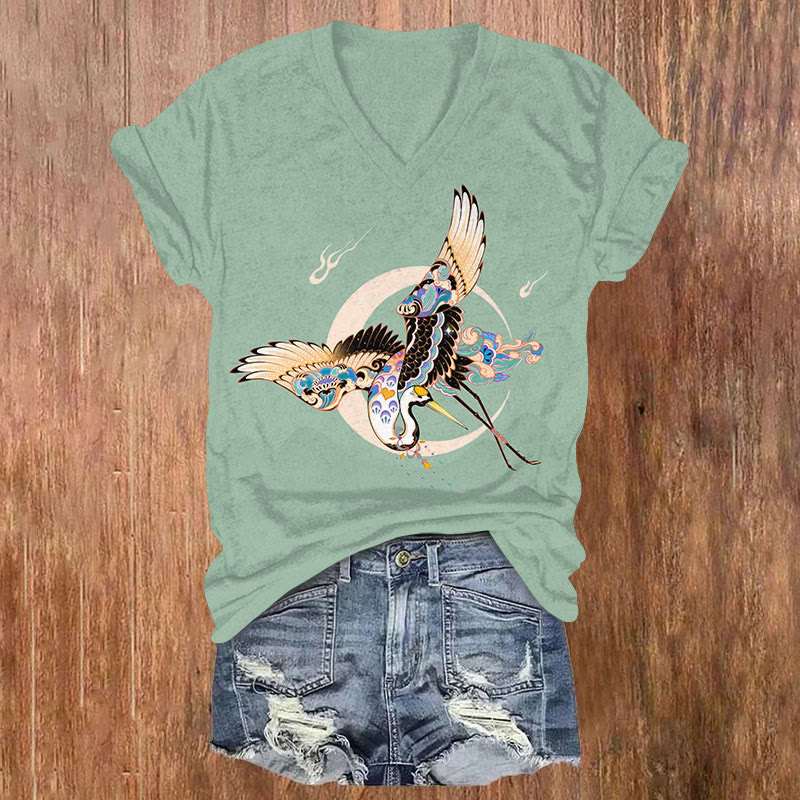 Japanese Creative Ethnic Pattern Bird Art Print V-neck T-shirt - Green - US32-34(5XL) - image 3
