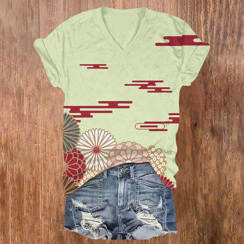 Japanese Umbrella-shaped Cloud Pattern Print V-neck T-shirt - Mint - US32-34(5XL) - image 3