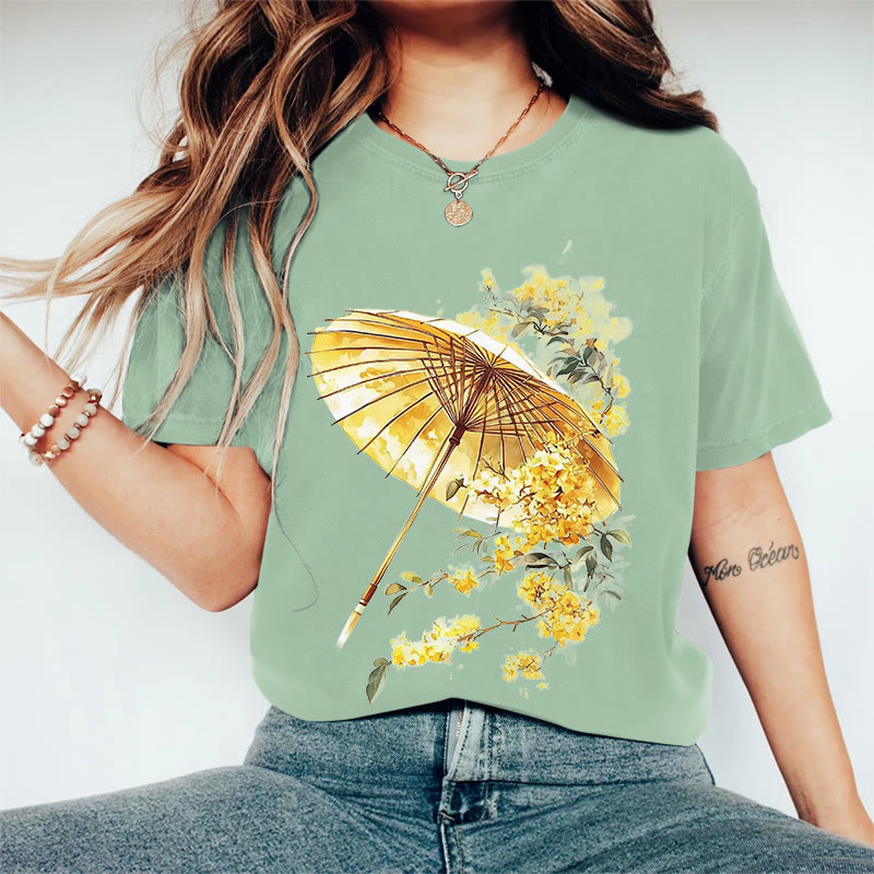 100% Cotton Women's Japanese Style Floral Umbrella Art Print Casual T-shirt - Green - 2XL - image 6