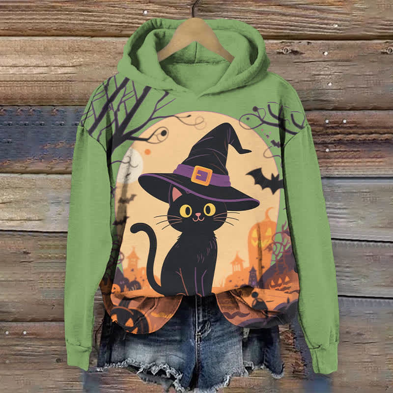 Halloween Lovely Wizard Black Cat Print Long Sleeve Hoodie - Green - US44-46(8XL) - image 5