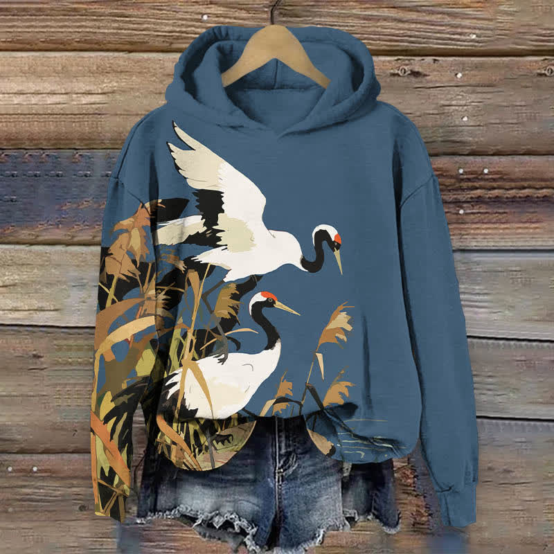 Japanese Oil Painting White Crane Art Print Long Sleeve Hoodie - Blue - US44-46(8XL) - image 2