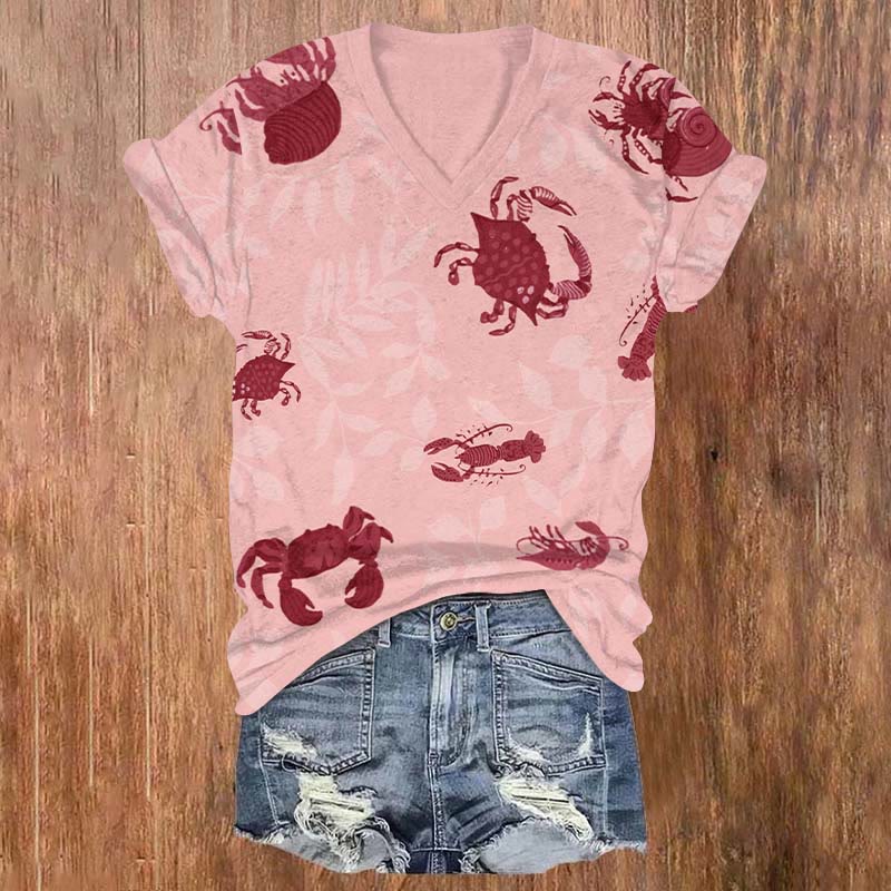 Vintage Crab & Lobster Art Print V-neck T-shirt - Pink - US32-34(5XL) - image 3