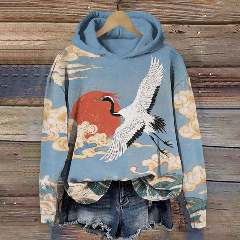 Japanese Watercolor Crane Painting  Art Print Long Sleeve Hoodie - Blue - US44-46(8XL) - image 2