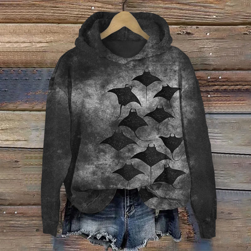 Vintage Manta Ray Art Print Long Sleeve Hoodie - Black - 8XL - image 4