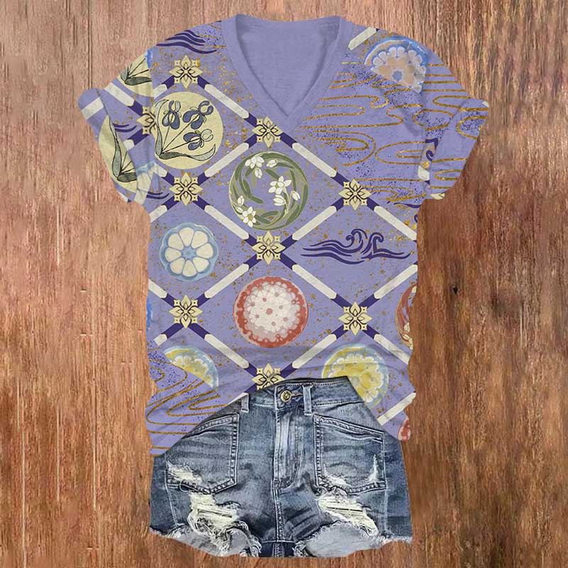 Traditional Geometric Floral Art Print V-neck T-shirt - Purple - US32-34(5XL) - image 3