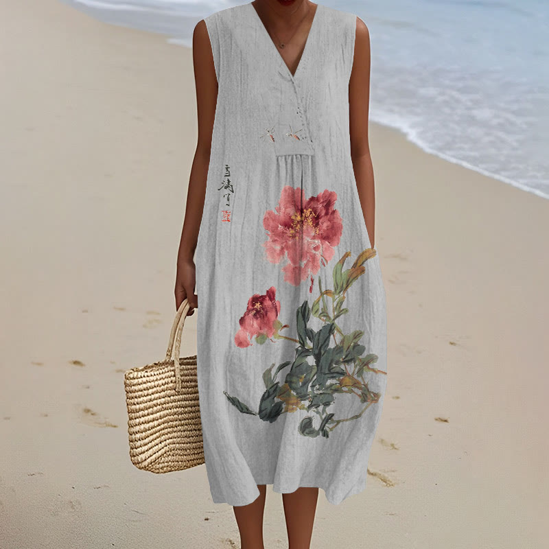 Vintage Japanese Ink Flower Calligraphy Art Print V-neck Sleeveless Dress - Grey - 5XL - image 3