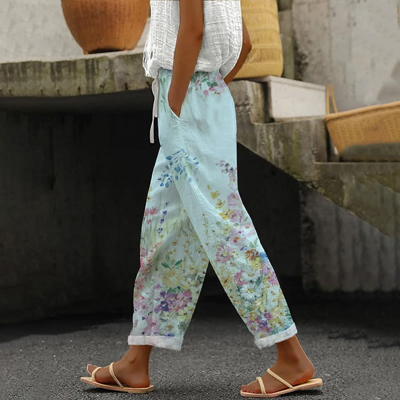 Elegant Wildflowers Watercolor Art Print Casual Pocket Pants  - Light Blue - 5XL - image 4