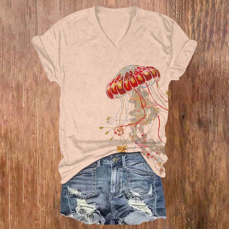 Japanese Creative Fantasy Jellyfish Art Print V-neck T-shirt - Pink - US32-34(5XL) - image 4