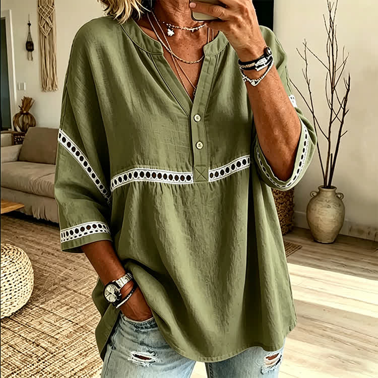 Elegant Solid Openwork Lace Splicing Henley Collar 3/4 Sleeve Blouse - Army Green - 3XL - image 9