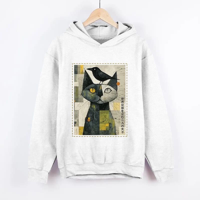 Unisex Funny Cat And Crow Present Pattern Long Sleeved Hoodie - White - US44-46(8XL) - image 5