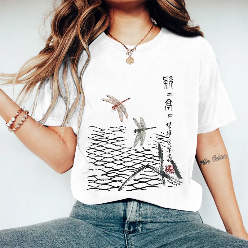 100% Cotton Women's Japanese Ink Painting Dragonfly Art Print Casual T-shirt - White - 2XL - image 3