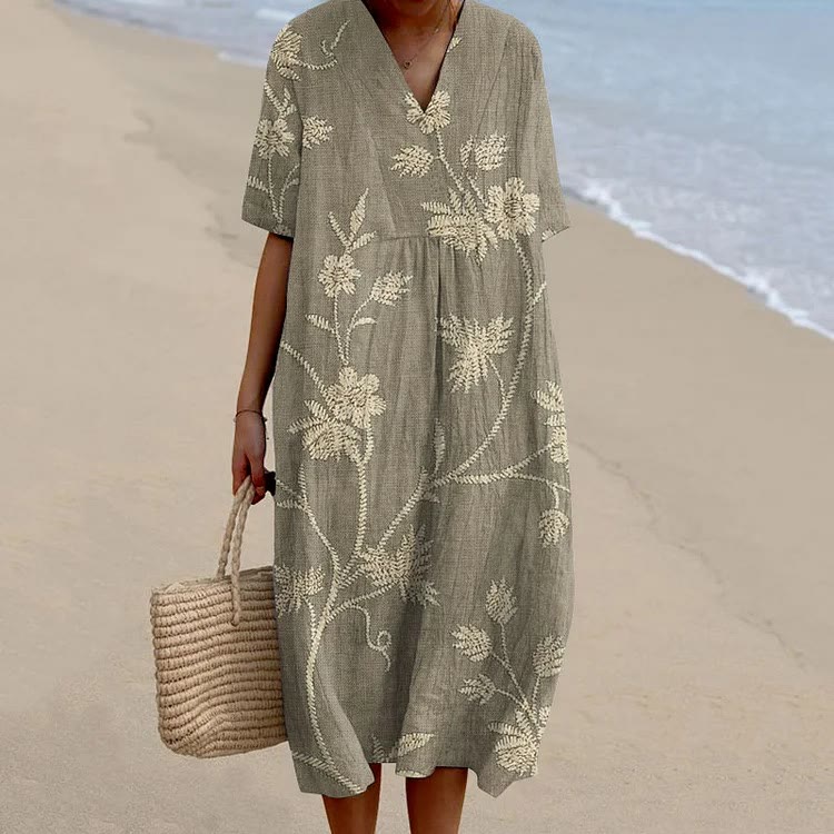 Women's Retro Floral Print Short-sleeved Midi Dress - Khaki - 6XL - image 3