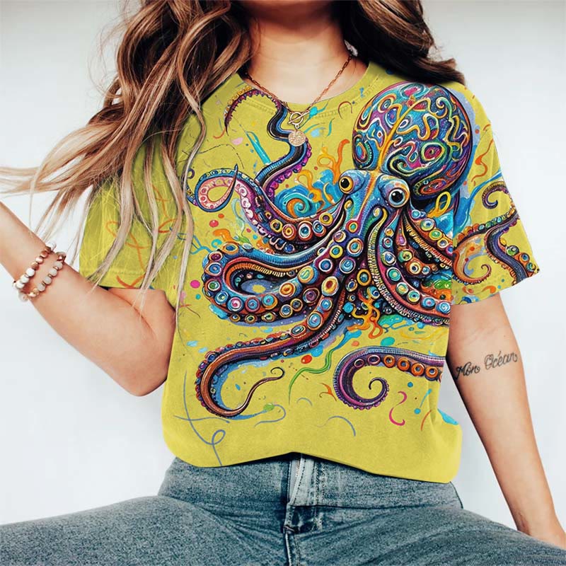 100% Cotton Vintage Rainbow Octopus Art Print Round Neck T-shirt - Yellow - 5XL - image 3