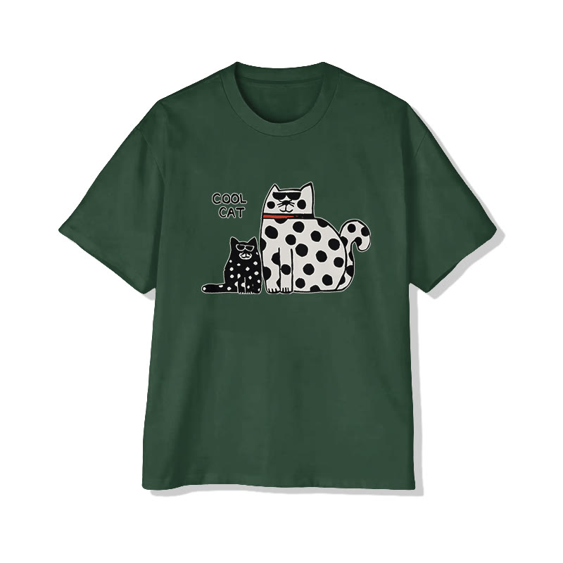 Vintage Cozy Polka Dot Kitten Print Pattern Cotton Print T-shirt - Green - US16-18(2XL) - image 6