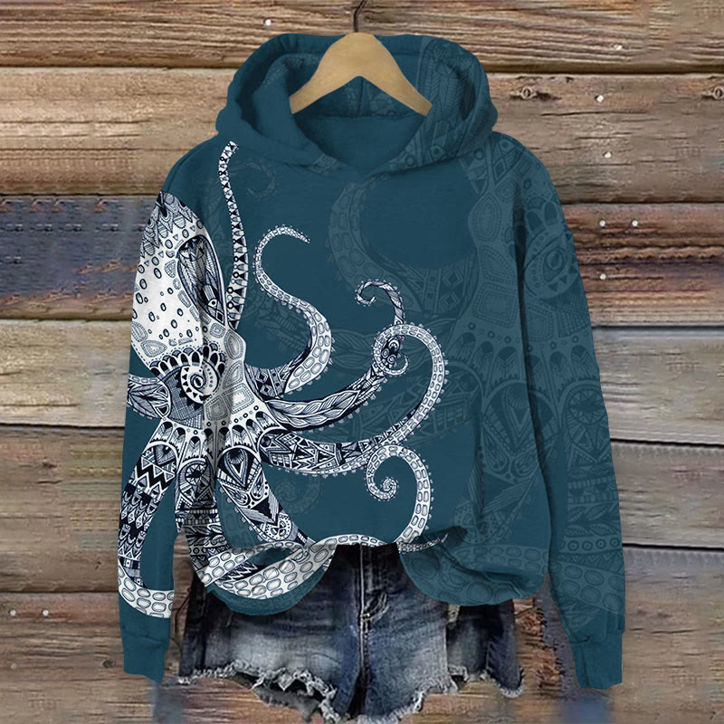 Octopus Print Long Sleeve Hoodie - Navy Blue - US44-46(8XL) - image 2