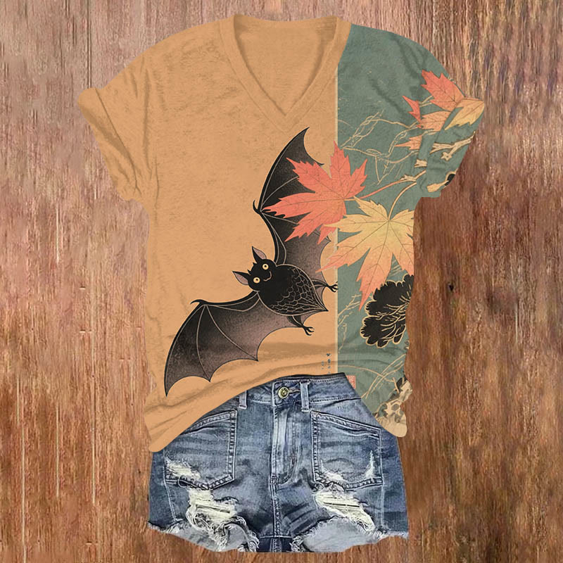 Halloween Cute Bat & Maple Leaf Art Print V-neck T-shirt - Caramel - US32-34(5XL) - image 4