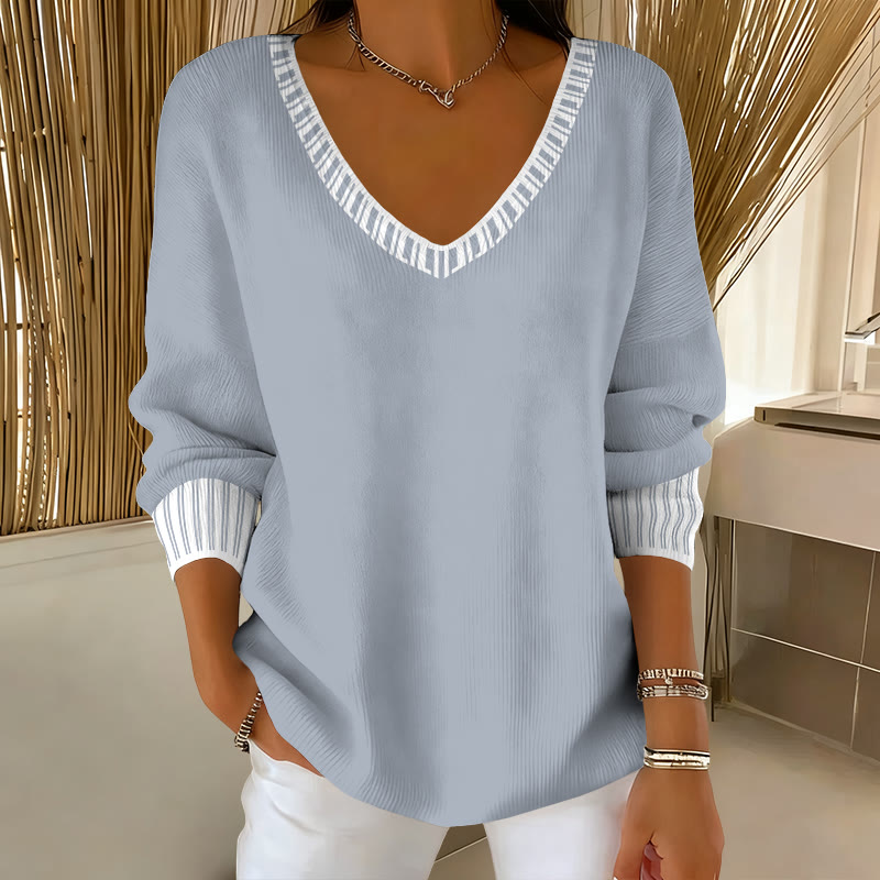 Women's Simple Striped Design Print V-neck Long Sleeved Sweater - Grey - 5XL - image 3