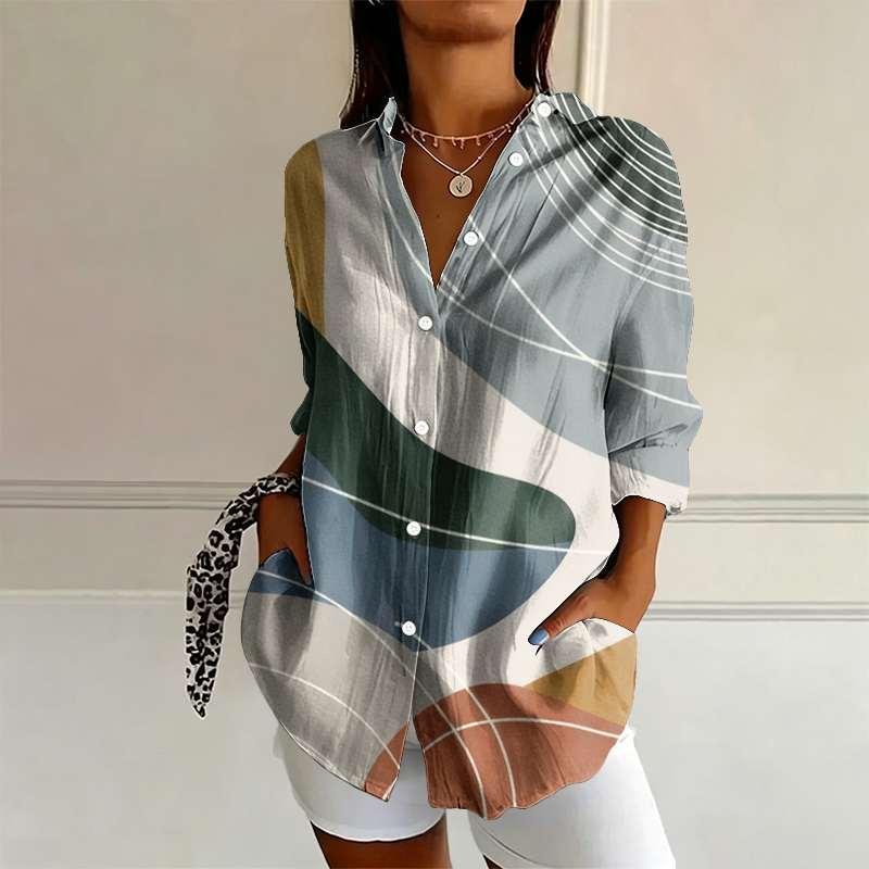 Minimalist Geometric Irregular Color Blocks Pattern Print Long Sleeve Blouse - Multicolor - 4XL - image 1