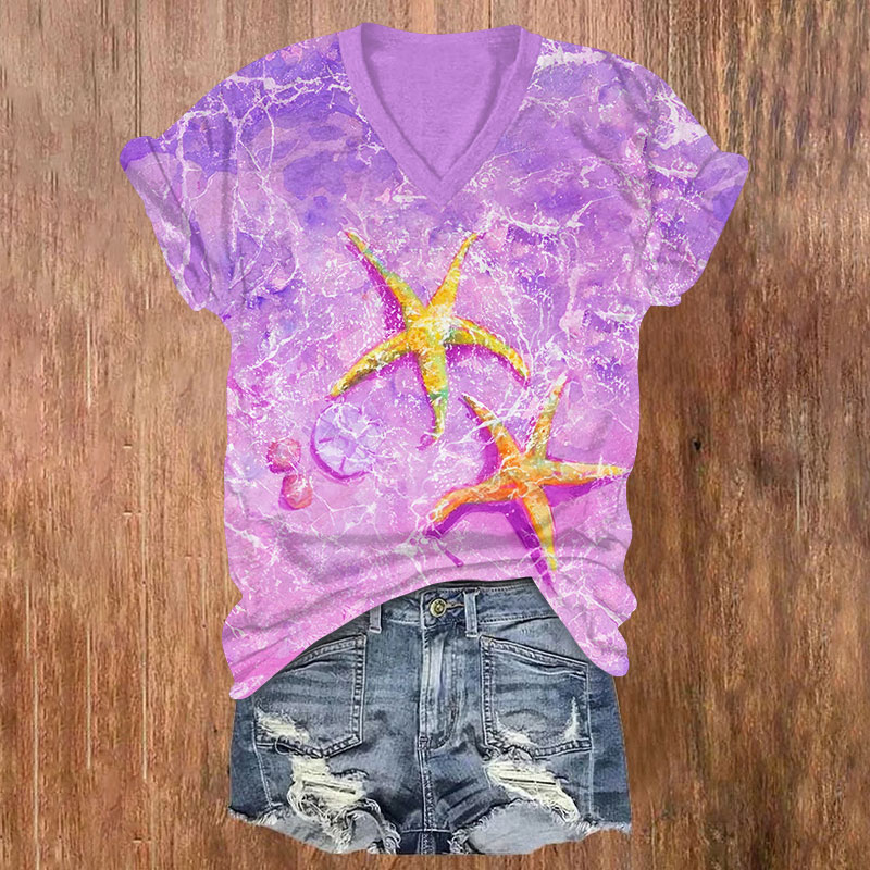 Vintage Cute Starfish Art Print V-neck T-shirt - Purple - US32-34(5XL) - image 3