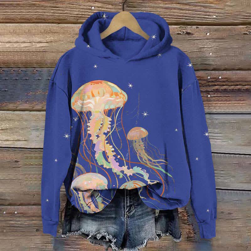 Creative Starry Rainbow Jellyfish Art Print Long Sleeve Hoodie - Blue - US44-46(8XL) - image 2