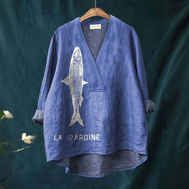 Dashingsoul Sardine Fish Graphic Printed Casual V-neck Shirt