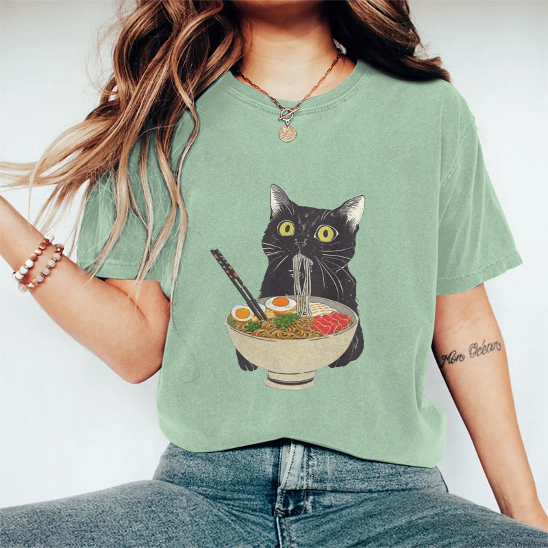 100% Cotton Ramen Cat T-shirt - Light Green - 2XL - image 6