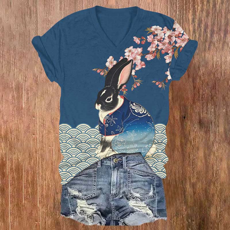 Japanese Sakura Wave Bunny Art Print V-neck T-shirt - Blue - US32-34(5XL) - image 3