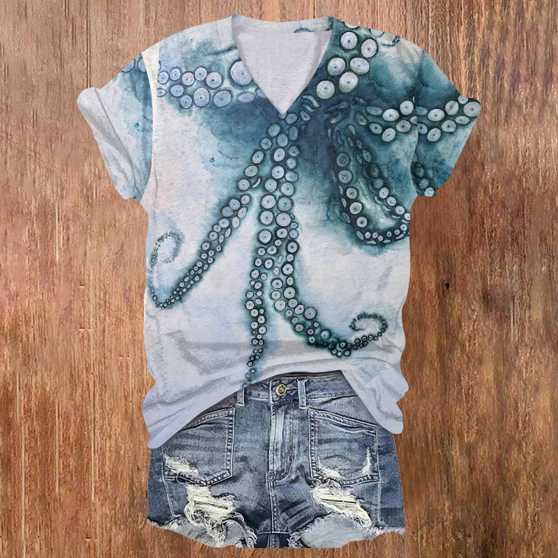 Japanese Octopus Art Print V-neck T-shirt - Blue - 5XL - image 1