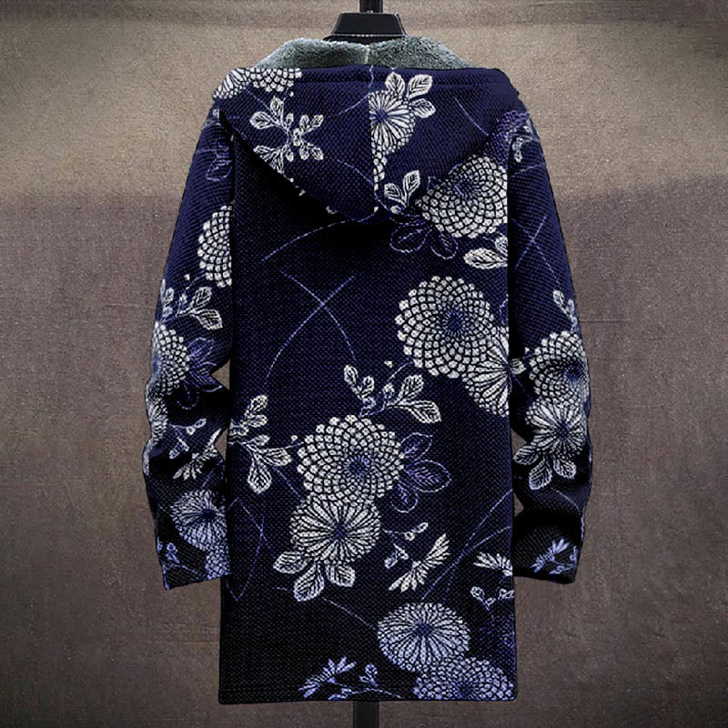 Japanese Retro Sketching Floral Art Print Unisex Plush Thick Long-sleeved Fleece Jacket Coat - image 3